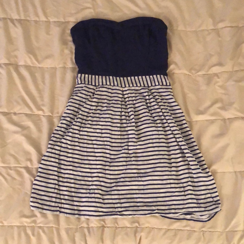 Navy Blue Stripped Strapless Dress